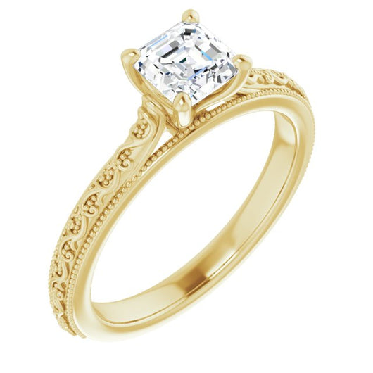 10K Yellow Gold Customizable Asscher Cut Solitaire with Delicate Milgrain Filigree Band