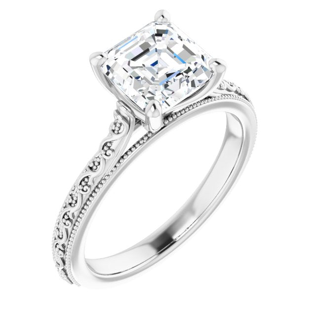 Cubic Zirconia Engagement Ring- The Conchita (Customizable Asscher Cut Solitaire with Delicate Milgrain Filigree Band)