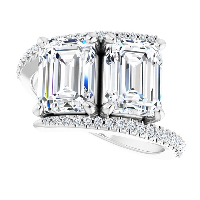 Cubic Zirconia Engagement Ring- The Nellie (Customizable Double Emerald Cut 2-stone Design with Ultra-thin Bypass Band and Pavé Enhancement)