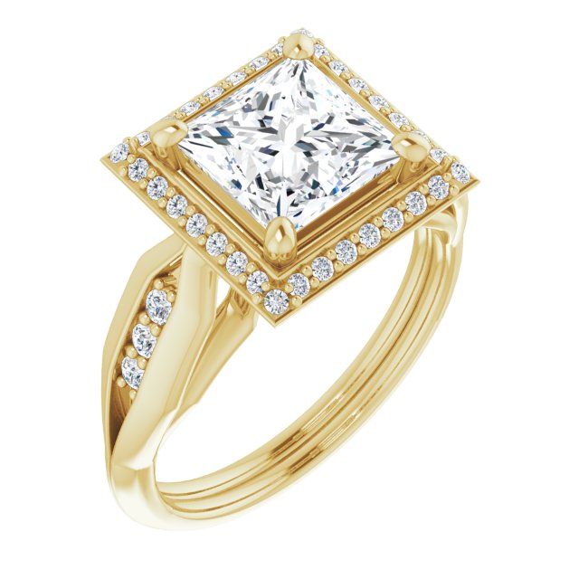 10K Yellow Gold Customizable Cathedral-raised Princess/Square Cut Design with Halo and Tri-Cluster Band Accents