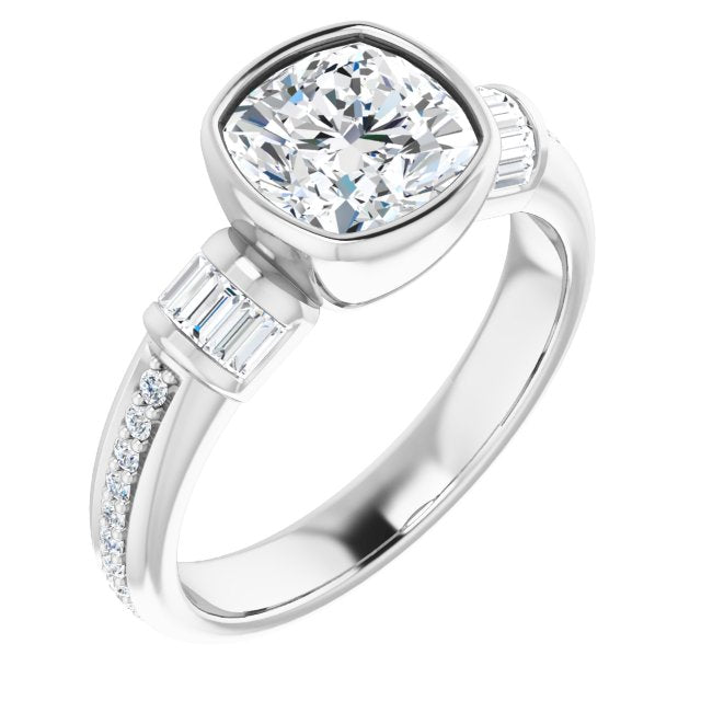 Cubic Zirconia Engagement Ring- The Danna (Customizable Cathedral-Bezel Cushion Cut Style with Horizontal Baguettes & Shared Prong Band)