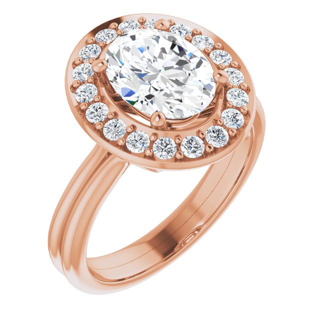 10K Rose Gold Customizable Cluster-Halo Accented Oval Cut Style with Tapered Dual Band