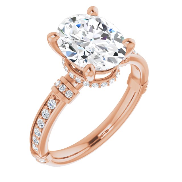10K Rose Gold Customizable Oval Cut Style featuring Under-Halo, Shared Prong and Quad Horizontal Band Accents
