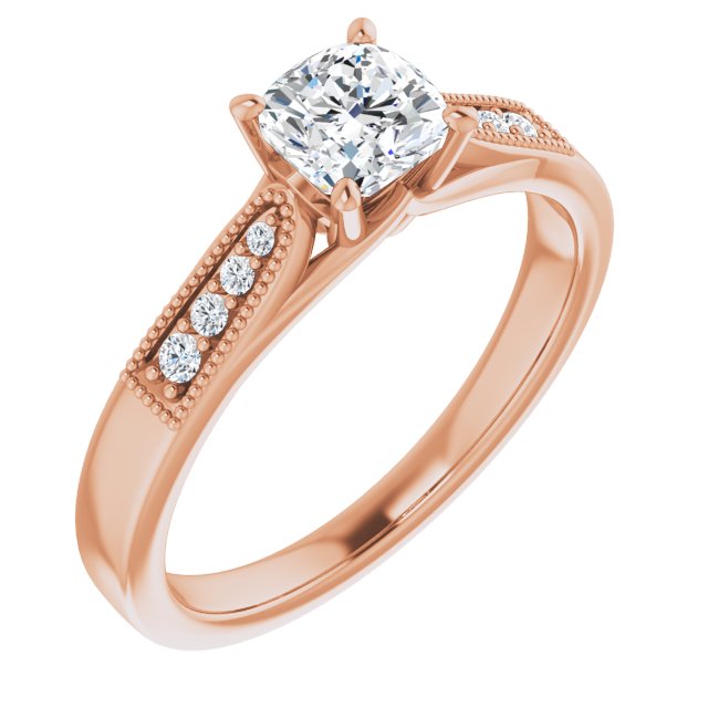 10K Rose Gold Customizable 9-stone Vintage Design with Cushion Cut Center and Round Band Accents