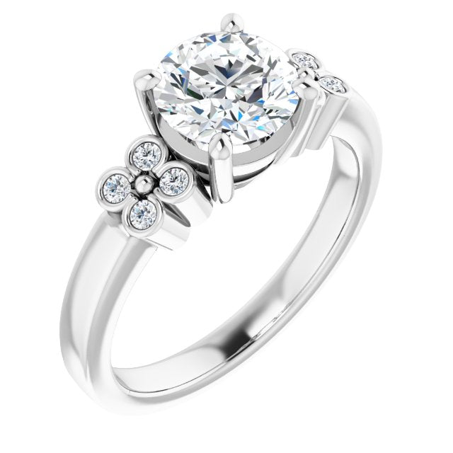 10K White Gold Customizable 9-stone Design with Round Cut Center and Complementary Quad Bezel-Accent Sets