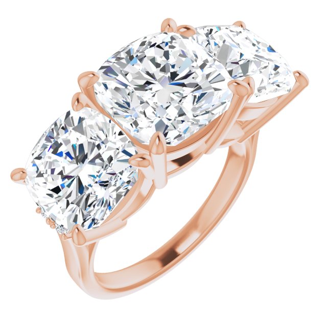 10K Rose Gold Customizable Triple Cushion Cut Design with Quad Vertical-Oriented Round Accents