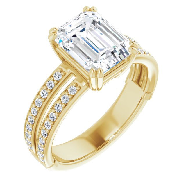 14K Yellow Gold Customizable Emerald/Radiant Cut Design featuring Split Band with Accents