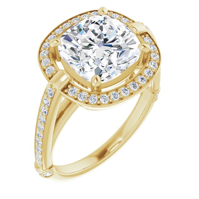 10K Yellow Gold Customizable High-Cathedral Cushion Cut Design with Halo and Shared Prong Band