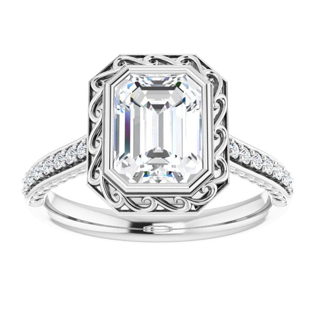 Cubic Zirconia Engagement Ring- The Itzayana (Customizable Cathedral-Bezel Radiant Cut Design featuring Accented Band with Filigree Inlay)