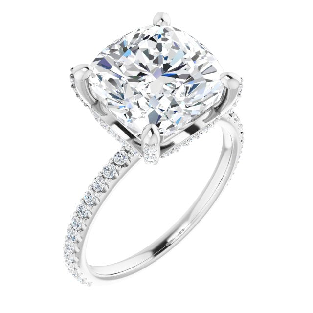 10K White Gold Customizable Cushion Cut Design with Round-Accented Band, Micropav? Under-Halo and Decorative Prong Accents)