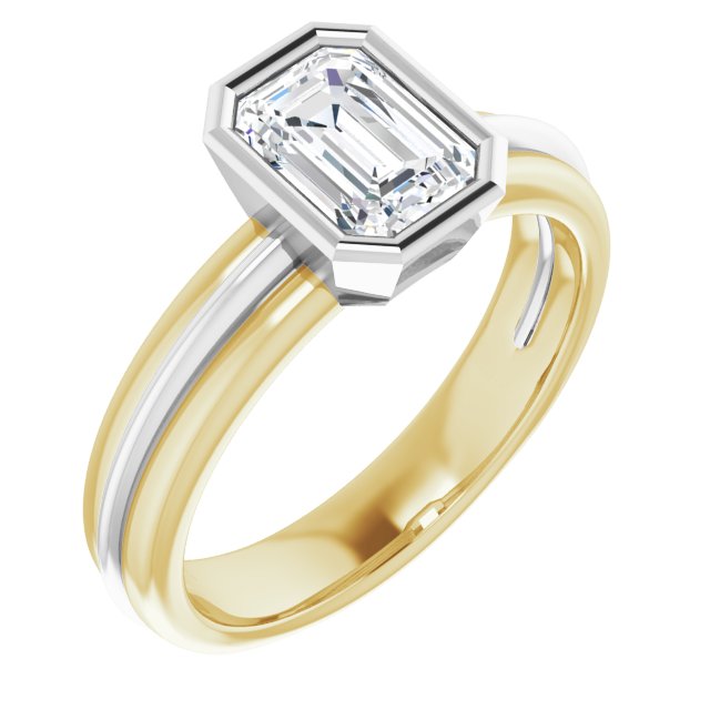 14K Yellow & White Gold Customizable Bezel-set Emerald/Radiant Cut Solitaire with Grooved Band