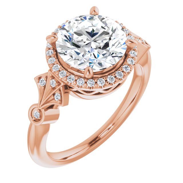 18K Rose Gold Customizable Cathedral-Crown Round Cut Design with Halo and Scalloped Side Stones