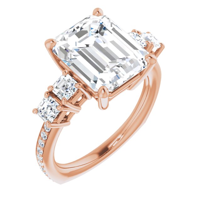 10K Rose Gold Customizable Emerald/Radiant Cut 5-stone Style with Quad Emerald/Radiant Accents plus Shared Prong Band