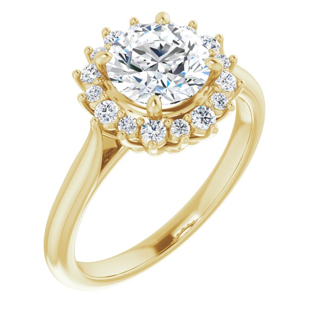 10K Yellow Gold Customizable Crown-Cathedral Round Cut Design with Clustered Large-Accent Halo & Ultra-thin Band