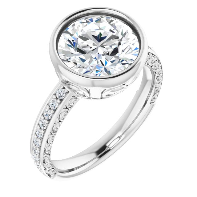 10K White Gold Customizable Bezel-set Round Cut Design with Cloud-pattern Band & Semi-Eternity Accents