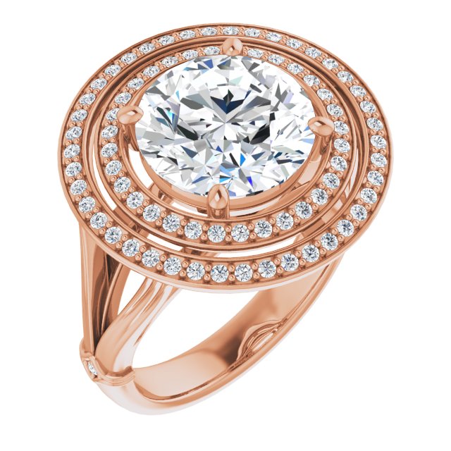 10K Rose Gold Customizable Cathedral-set Round Cut Design with Double Halo, Wide Split Band and Side Knuckle Accents