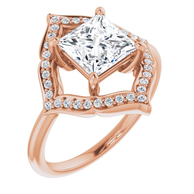 10K Rose Gold Customizable Princess/Square Cut Style with Artistic Equilateral Halo and Ultra-thin Band