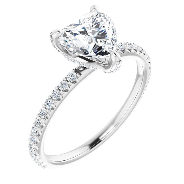 10K White Gold Customizable Heart Cut Design with Round-Accented Band, Micropav? Under-Halo and Decorative Prong Accents)