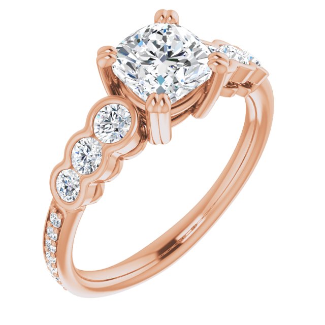 10K Rose Gold Customizable Cushion Cut 7-stone Style Enhanced with Bezel Accents and Shared Prong Band