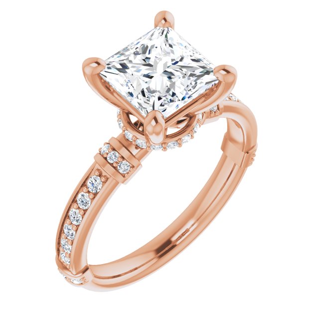 10K Rose Gold Customizable Princess/Square Cut Style featuring Under-Halo, Shared Prong and Quad Horizontal Band Accents