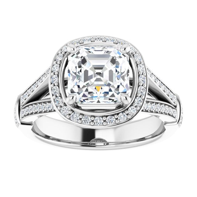 Cubic Zirconia Engagement Ring- The Cecelia (Customizable Asscher Cut Setting with Halo, Under-Halo Trellis Accents and Accented Split Band)