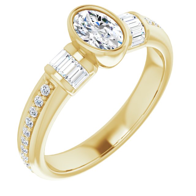 10K Yellow Gold Customizable Cathedral-Bezel Oval Cut Style with Horizontal Baguettes & Shared Prong Band