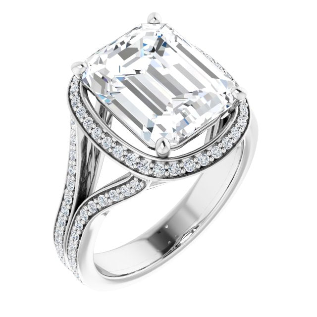 10K White Gold Customizable Cathedral-raised Emerald/Radiant Cut Setting with Halo and Shared Prong Band