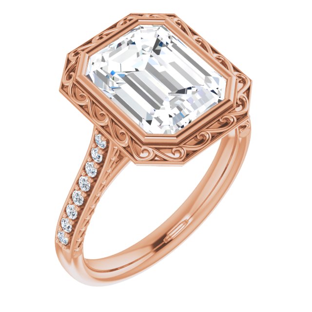 10K Rose Gold Customizable Cathedral-Bezel Emerald/Radiant Cut Design featuring Accented Band with Filigree Inlay