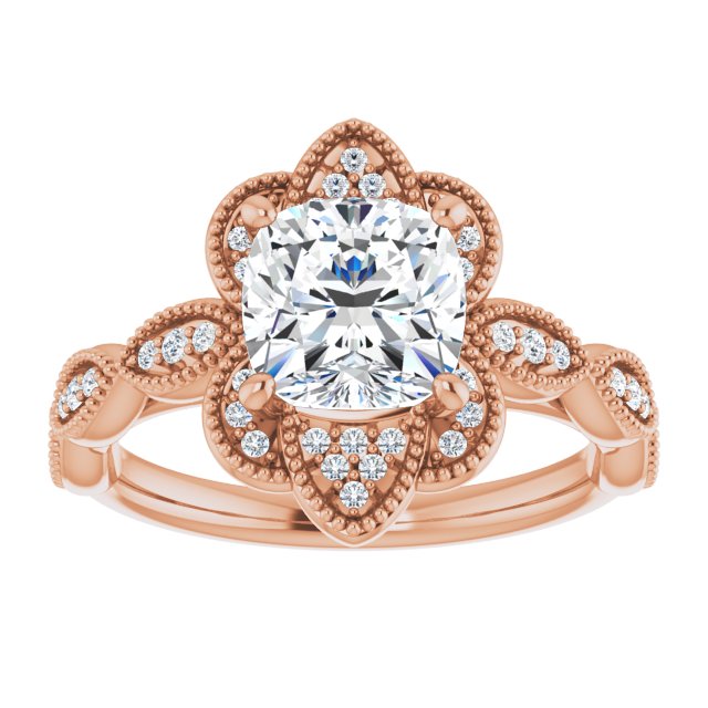 Cubic Zirconia Engagement Ring- The Huá (Customizable Cathedral-style Cushion Cut Design with Floral Segmented Halo & Milgrain+Accents Band)
