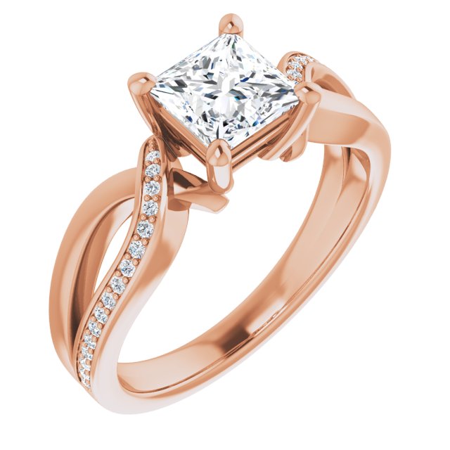 10K Rose Gold Customizable Princess/Square Cut Center with Curving Split-Band featuring One Shared Prong Leg