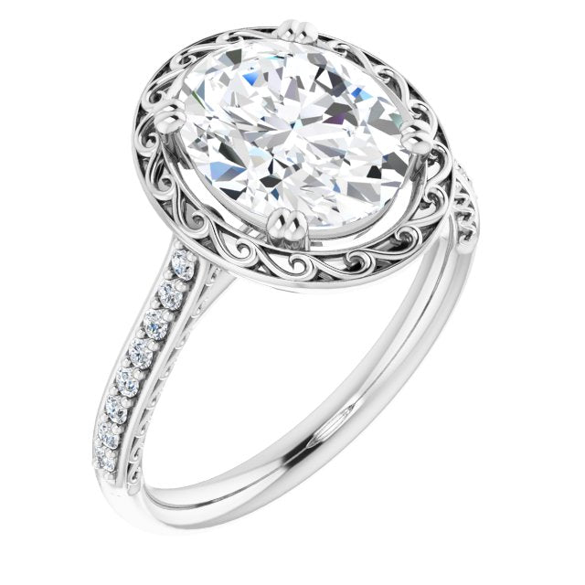10K White Gold Customizable Oval Cut Halo Design with Filigree and Accented Band