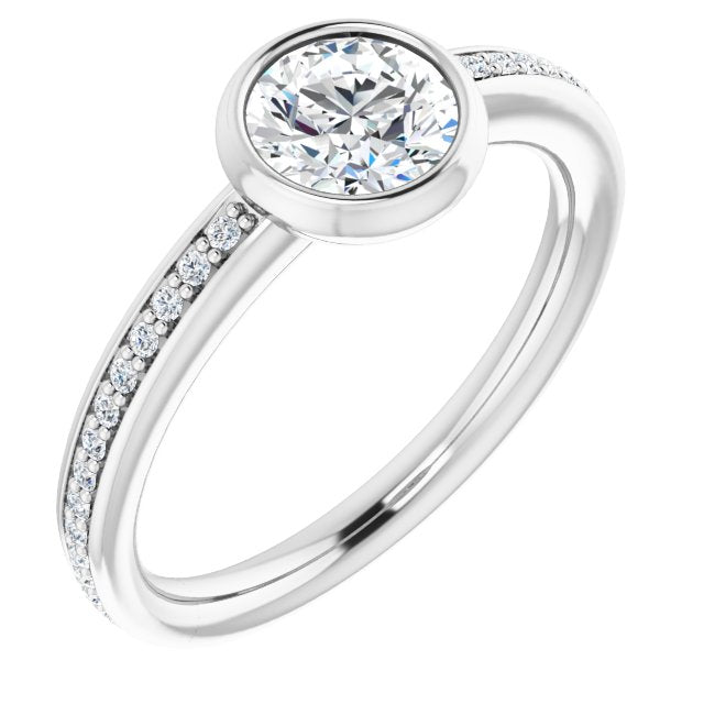 10K White Gold Customizable Bezel-Set Round Cut Center with Thin Shared Prong Band