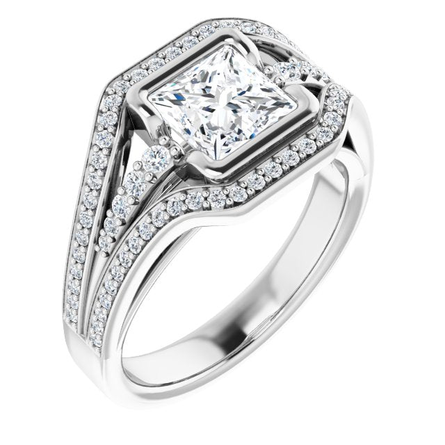 10K White Gold Customizable Cathedral-Bezel Princess/Square Cut Design with Wide Triple-Split-Pavé Band