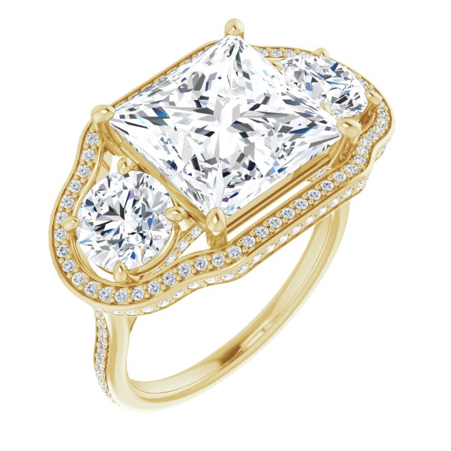 10K Yellow Gold Customizable 3-stone Princess/Square Cut Design with Multi-Halo Enhancement and 150+-stone Pavé Band