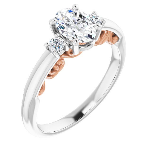 14K White & Rose Gold Customizable Oval Cut 3-stone Style featuring Heart-Motif Band Enhancement