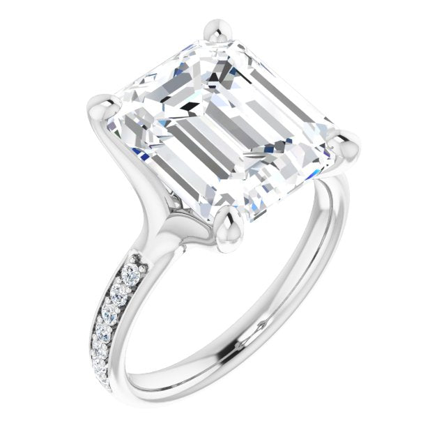 10K White Gold Customizable Heavy Prong-Set Emerald/Radiant Cut Style with Round Cut Band Accents