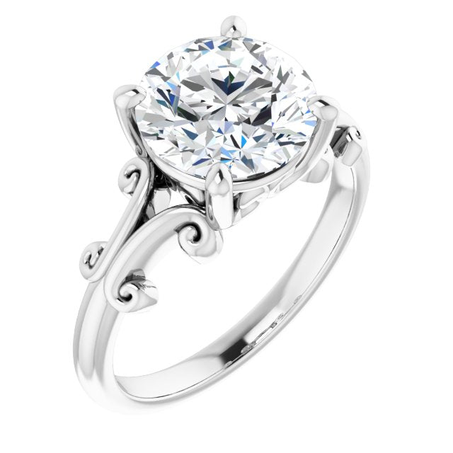 14K White Gold Customizable Round Cut Solitaire with Band Flourish and Decorative Trellis