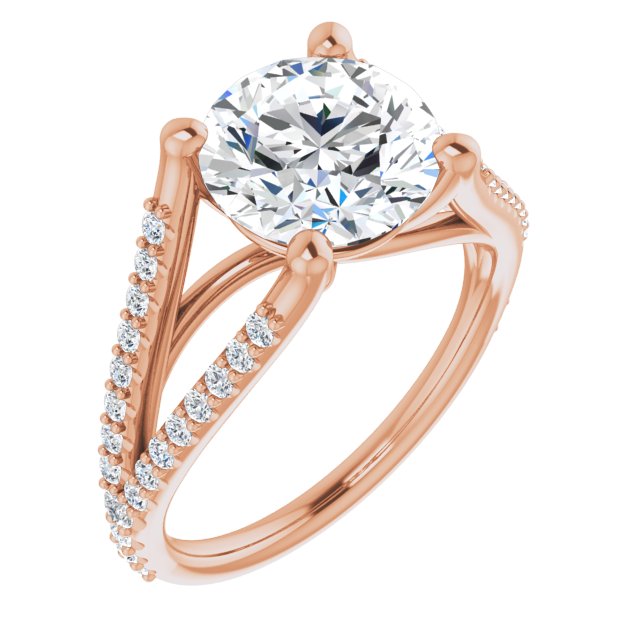 14K Rose Gold Customizable Cathedral-raised Round Cut Center with Exquisite Accented Split-band