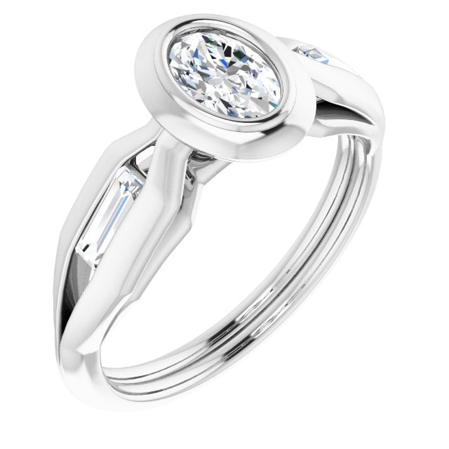 10K White Gold Customizable Bezel-set Oval Cut Design with Wide Split Band & Tension-Channel Baguette Accents
