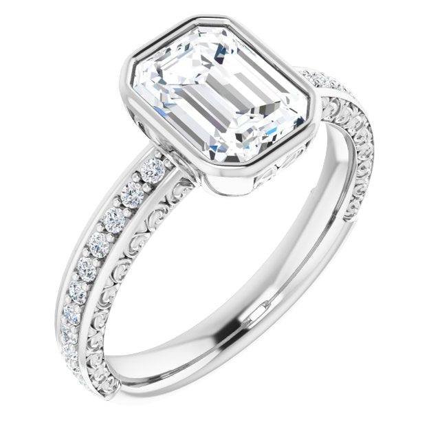 Cubic Zirconia Engagement Ring- The Araceli (Customizable Bezel-set Radiant Cut Design with Cloud-pattern Band & Semi-Eternity Accents)