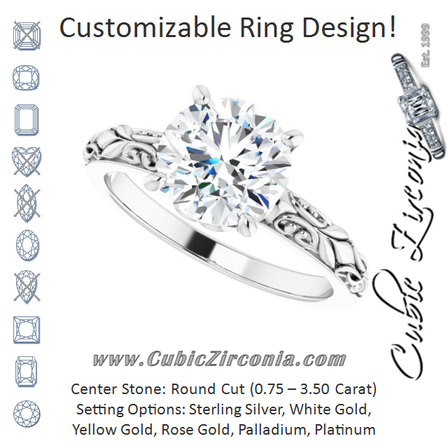 Cubic Zirconia Engagement Ring- The An Chen (Customizable Round Cut Solitaire featuring Delicate Metal Scrollwork)