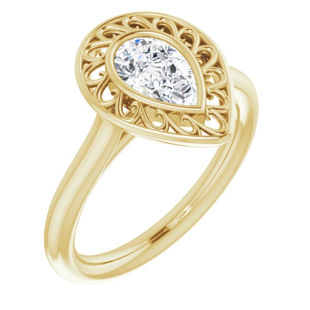 10K Yellow Gold Customizable Cathedral-Bezel Style Pear Cut Solitaire with Flowery Filigree