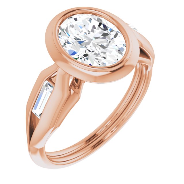 10K Rose Gold Customizable Bezel-set Oval Cut Design with Wide Split Band & Tension-Channel Baguette Accents