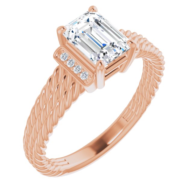 10K Rose Gold Customizable 11-stone Design featuring Emerald/Radiant Cut Center, Vertical Round-Channel Accents & Wide Triple-Rope Band