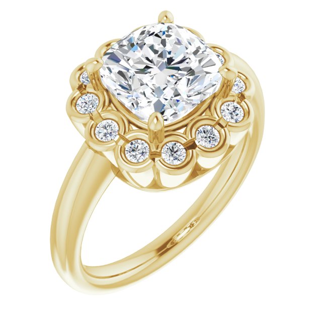 10K Yellow Gold Customizable 13-stone Cushion Cut Design with Floral-Halo Round Bezel Accents
