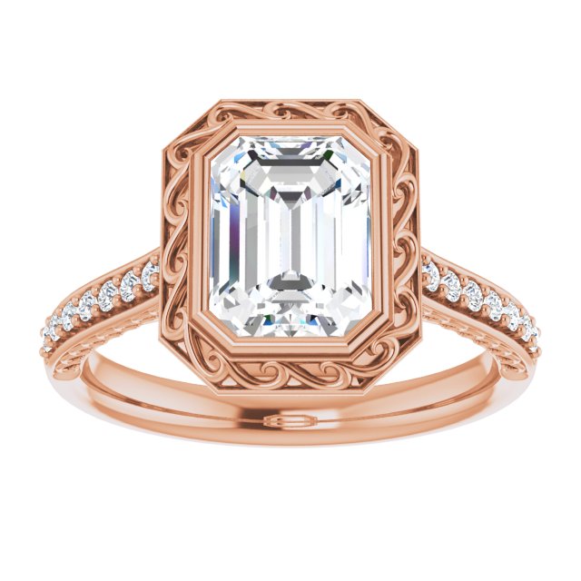 Cubic Zirconia Engagement Ring- The Itzayana (Customizable Cathedral-Bezel Emerald Cut Design featuring Accented Band with Filigree Inlay)