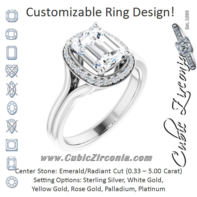 Cubic Zirconia Engagement Ring- The Ivory (Customizable Cathedral-set Emerald Cut Design with Split-band & Halo Accents)