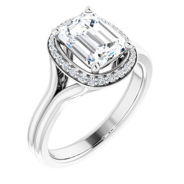 Cubic Zirconia Engagement Ring- The Ivory (Customizable Cathedral-set Emerald Cut Design with Split-band & Halo Accents)