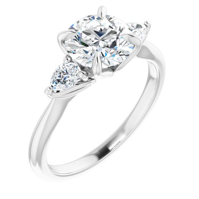 10K White Gold Customizable 3-stone Design with Round Cut Center and Dual Large Pear Side Stones