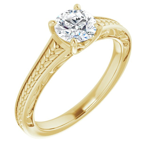 10K Yellow Gold Customizable Round Cut Solitaire with Organic Textured Band and Decorative Prong Basket
